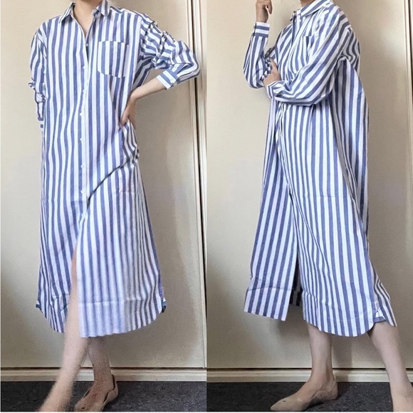 Sezane Maxine Shirt Dress Blue/White Stripe Sz Large Nautical Beachy - Picture 5 of 14